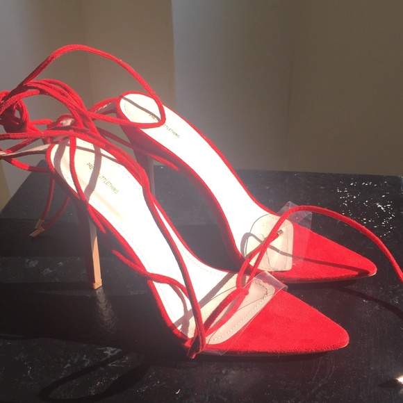 Clear and Red lace up stilettos - Picture 2 of 5